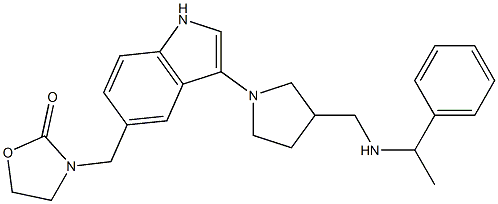 3-(3-(N-(alpha-methylbenzyl)aminomethyl)pyrrolidiny)-5-((2-oxooxazolidinyl)methyl)indole Struktur