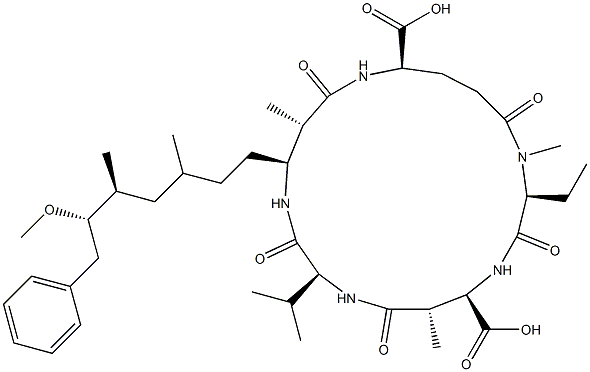 (2S,5R,6S,9S,12S,13S,16R)-2-ethyl-12-[(5S,6S)-6-methoxy-3,5-dimethyl-7-phenyl-heptyl]-1,6,13-trimethyl-3,7,10,14,19-pentaoxo-9-propan-2-yl-1,4,8,11,15-pentazacyclononadecane-5,16-dicarboxylic acid Struktur