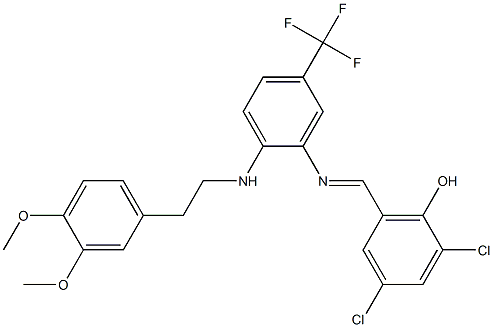 2,4-dichloro-6-({[2-[(3,4-dimethoxyphenethyl)amino]-5-(trifluoromethyl)phenyl]imino}methyl)phenol Struktur