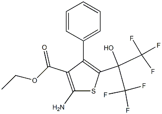 2-Amino-4-phenyl-5-(2,2,2-trifluoro-1-hydroxy-1-trifluoromethyl-ethyl)-thiophene-3-carboxylic acid ethyl ester Struktur