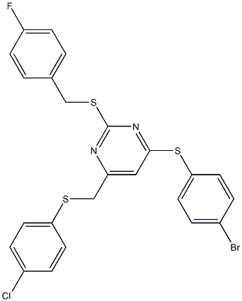 4-[(4-bromophenyl)sulfanyl]-6-{[(4-chlorophenyl)sulfanyl]methyl}-2-[(4-fluorobenzyl)sulfanyl]pyrimidine Struktur