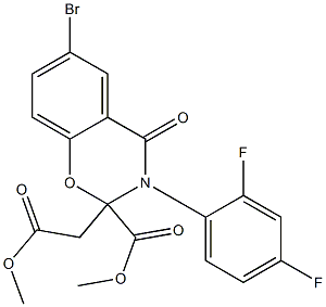 methyl 6-bromo-3-(2,4-difluorophenyl)-2-(2-methoxy-2-oxoethyl)-4-oxo-3,4-dihydro-2H-1,3-benzoxazine-2-carboxylate Struktur