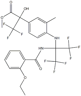 methyl 2-(4-{[1-[(2-ethoxybenzoyl)amino]-2,2,2-trifluoro-1-(trifluoromethyl)ethyl]amino}-3-methylphenyl)-3,3,3-trifluoro-2-hydroxypropanoate Struktur