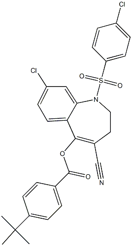 8-chloro-1-[(4-chlorophenyl)sulfonyl]-4-cyano-2,3-dihydro-1H-1-benzazepin-5-yl 4-(tert-butyl)benzoate Struktur