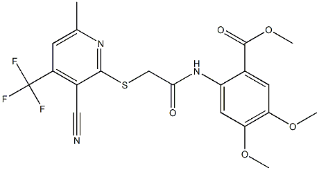 methyl 2-[(2-{[3-cyano-6-methyl-4-(trifluoromethyl)-2-pyridinyl]sulfanyl}acetyl)amino]-4,5-dimethoxybenzenecarboxylate Struktur