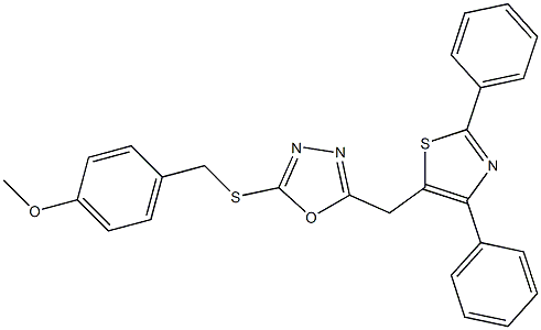 4-[({5-[(2,4-diphenyl-1,3-thiazol-5-yl)methyl]-1,3,4-oxadiazol-2-yl}sulfanyl)methyl]phenyl methyl ether Struktur