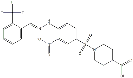 1-{[3-nitro-4-(2-{(E)-[2-(trifluoromethyl)phenyl]methylidene}hydrazino)phenyl]sulfonyl}-4-piperidinecarboxylic acid Struktur