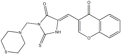 5-[(4-oxo-4H-chromen-3-yl)methylene]-3-(1,4-thiazinan-4-ylmethyl)-2-thioxotetrahydro-4H-imidazol-4-one Struktur