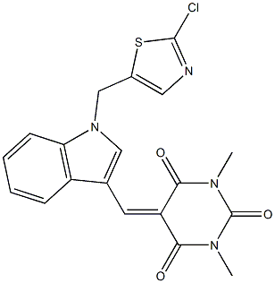 5-({1-[(2-chloro-1,3-thiazol-5-yl)methyl]-1H-indol-3-yl}methylene)-1,3-dimethyl-2,4,6(1H,3H,5H)-pyrimidinetrione Struktur