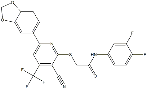 2-{[6-(1,3-benzodioxol-5-yl)-3-cyano-4-(trifluoromethyl)-2-pyridinyl]sulfanyl}-N-(3,4-difluorophenyl)acetamide Struktur