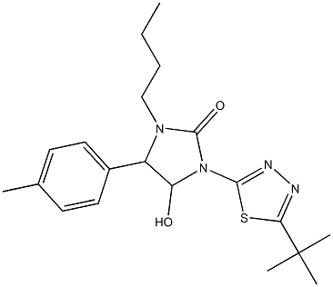 1-butyl-3-[5-(tert-butyl)-1,3,4-thiadiazol-2-yl]-4-hydroxy-5-(4-methylphenyl)imidazolidin-2-one Struktur