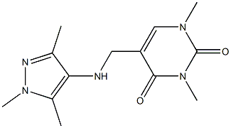 1,3-dimethyl-5-{[(1,3,5-trimethyl-1H-pyrazol-4-yl)amino]methyl}-1,2,3,4-tetrahydropyrimidine-2,4-dione Struktur