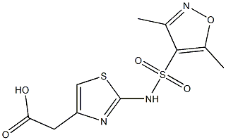 2-{2-[(3,5-dimethyl-1,2-oxazole-4-)sulfonamido]-1,3-thiazol-4-yl}acetic acid Struktur