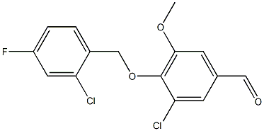 3-chloro-4-[(2-chloro-4-fluorophenyl)methoxy]-5-methoxybenzaldehyde Struktur