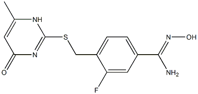 3-fluoro-N'-hydroxy-4-{[(6-methyl-4-oxo-1,4-dihydropyrimidin-2-yl)sulfanyl]methyl}benzene-1-carboximidamide Struktur