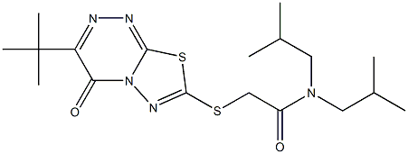 N,N-bis(2-methylpropyl)-2-[(2-oxo-3-tert-butyl-7-thia-1,4,5,9-tetrazabicyclo[4.3.0]nona-3,5,8-trien-8-yl)sulfanyl]acetamide Struktur