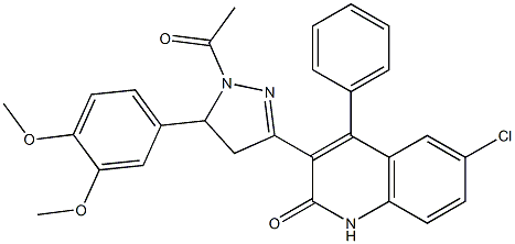 3-{1-acetyl-5-[3,4-bis(methyloxy)phenyl]-4,5-dihydro-1H-pyrazol-3-yl}-6-chloro-4-phenylquinolin-2(1H)-one Struktur