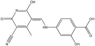 4-({[5-cyano-2-hydroxy-4-methyl-6-oxo-3(6H)-pyridinylidene]methyl}amino)-2-hydroxybenzoic acid Struktur