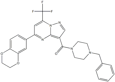 3-[(4-benzyl-1-piperazinyl)carbonyl]-5-(2,3-dihydro-1,4-benzodioxin-6-yl)-7-(trifluoromethyl)pyrazolo[1,5-a]pyrimidine Struktur