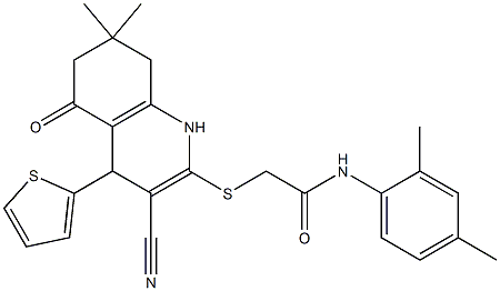 2-{[3-cyano-7,7-dimethyl-5-oxo-4-(2-thienyl)-1,4,5,6,7,8-hexahydro-2-quinolinyl]sulfanyl}-N-(2,4-dimethylphenyl)acetamide Struktur