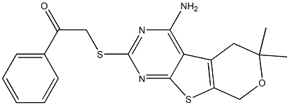 2-[(4-amino-6,6-dimethyl-5,8-dihydro-6H-pyrano[4',3':4,5]thieno[2,3-d]pyrimidin-2-yl)sulfanyl]-1-phenylethanone Struktur