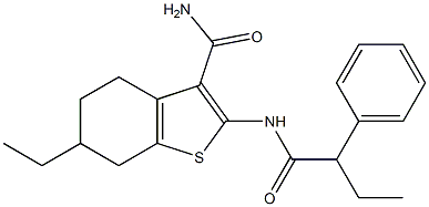 6-ethyl-2-[(2-phenylbutanoyl)amino]-4,5,6,7-tetrahydro-1-benzothiophene-3-carboxamide Struktur