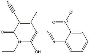 1-ethyl-6-hydroxy-5-({2-nitrophenyl}diazenyl)-4-methyl-2-oxo-1,2-dihydro-3-pyridinecarbonitrile Struktur