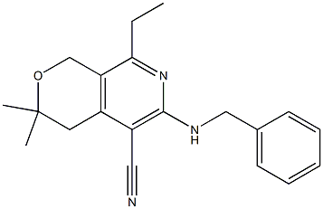 6-(benzylamino)-8-ethyl-3,3-dimethyl-3,4-dihydro-1H-pyrano[3,4-c]pyridine-5-carbonitrile Struktur