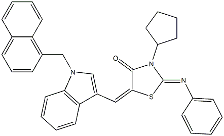 3-cyclopentyl-5-{[1-(1-naphthylmethyl)-1H-indol-3-yl]methylene}-2-(phenylimino)-1,3-thiazolidin-4-one Struktur