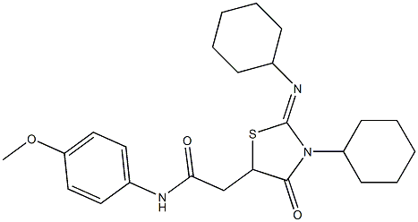 2-[3-cyclohexyl-2-(cyclohexylimino)-4-oxo-1,3-thiazolidin-5-yl]-N-(4-methoxyphenyl)acetamide Struktur