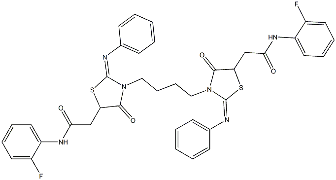 2-[3-{4-[5-[2-(2-fluoroanilino)-2-oxoethyl]-4-oxo-2-(phenylimino)-1,3-thiazolidin-3-yl]butyl}-4-oxo-2-(phenylimino)-1,3-thiazolidin-5-yl]-N-(2-fluorophenyl)acetamide Struktur