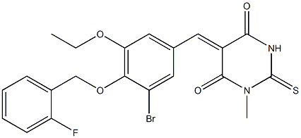 5-{3-bromo-5-ethoxy-4-[(2-fluorobenzyl)oxy]benzylidene}-1-methyl-2-thioxodihydro-4,6(1H,5H)-pyrimidinedione Struktur