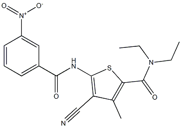 4-cyano-N,N-diethyl-5-[({3-nitrophenyl}carbonyl)amino]-3-methylthiophene-2-carboxamide Struktur