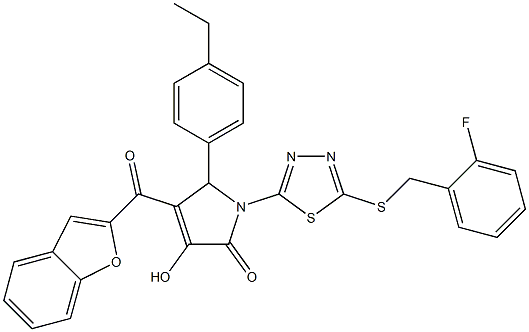 4-(1-benzofuran-2-ylcarbonyl)-5-(4-ethylphenyl)-1-{5-[(2-fluorobenzyl)sulfanyl]-1,3,4-thiadiazol-2-yl}-3-hydroxy-1,5-dihydro-2H-pyrrol-2-one Struktur