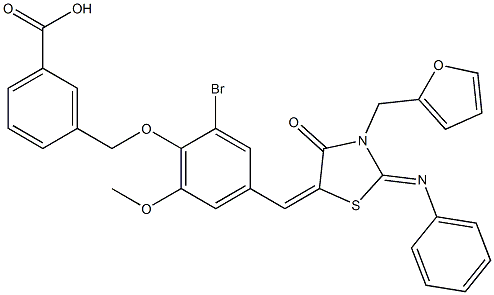 3-[(2-bromo-4-{[3-(2-furylmethyl)-4-oxo-2-(phenylimino)-1,3-thiazolidin-5-ylidene]methyl}-6-methoxyphenoxy)methyl]benzoic acid Struktur