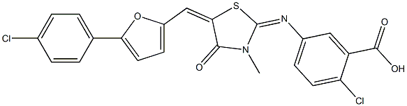 2-chloro-5-[(5-{[5-(4-chlorophenyl)-2-furyl]methylene}-3-methyl-4-oxo-1,3-thiazolidin-2-ylidene)amino]benzoic acid Struktur