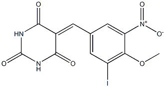 5-{3-nitro-5-iodo-4-methoxybenzylidene}-2,4,6(1H,3H,5H)-pyrimidinetrione Struktur