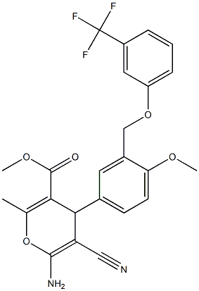 methyl 6-amino-5-cyano-4-(4-methoxy-3-{[3-(trifluoromethyl)phenoxy]methyl}phenyl)-2-methyl-4H-pyran-3-carboxylate Struktur