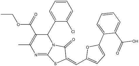 2-{5-[(5-(2-chlorophenyl)-6-(ethoxycarbonyl)-7-methyl-3-oxo-5H-[1,3]thiazolo[3,2-a]pyrimidin-2(3H)-ylidene)methyl]-2-furyl}benzoic acid Struktur