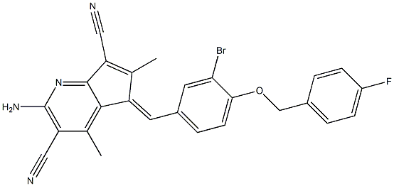 2-amino-5-{3-bromo-4-[(4-fluorobenzyl)oxy]benzylidene}-4,6-dimethyl-5H-cyclopenta[b]pyridine-3,7-dicarbonitrile Struktur