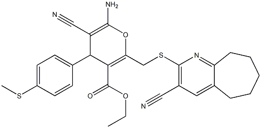 ethyl 6-amino-5-cyano-2-{[(3-cyano-6,7,8,9-tetrahydro-5H-cyclohepta[b]pyridin-2-yl)sulfanyl]methyl}-4-[4-(methylsulfanyl)phenyl]-4H-pyran-3-carboxylate Struktur