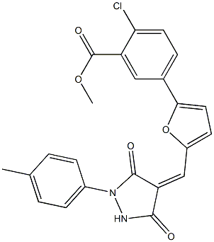 methyl 2-chloro-5-(5-{[1-(4-methylphenyl)-3,5-dioxo-4-pyrazolidinylidene]methyl}-2-furyl)benzoate Struktur