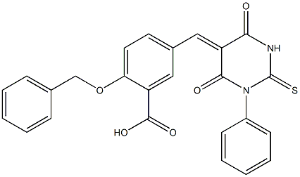 2-(benzyloxy)-5-[(4,6-dioxo-1-phenyl-2-thioxotetrahydro-5(2H)-pyrimidinylidene)methyl]benzoic acid Struktur