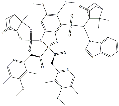 1-(S)-camphorsulfonyl-5-methoxy-2- [(3, 5-dimethyl-4-methoxy-pyridyl)methyl-(S)-sulfinyl]-1H-benzimidazole + 1-(S)-camphorsulfonyl-6-methoxy-2- [(3, 5-dimethyl-4-methoxy-pyridyl)methyl-(S)-sulfinyl]-1H-benzimidazole Struktur