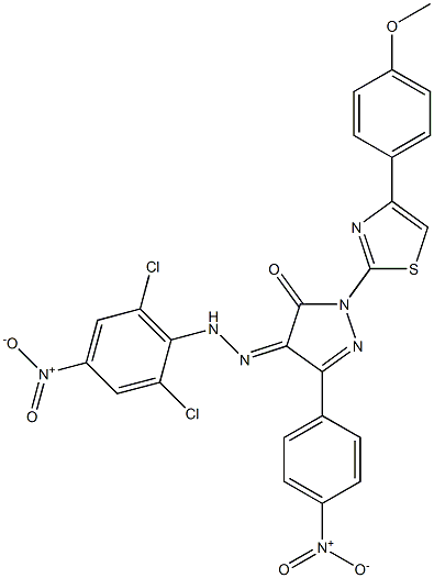 1-[4-(4-methoxyphenyl)-1,3-thiazol-2-yl]-3-(4-nitrophenyl)-1H-pyrazole-4,5-dione 4-[N-(2,6-dichloro-4-nitrophenyl)hydrazone] Struktur