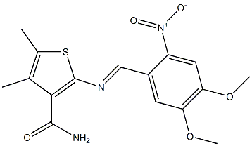 2-{[(E)-(4,5-dimethoxy-2-nitrophenyl)methylidene]amino}-4,5-dimethyl-3-thiophenecarboxamide Struktur