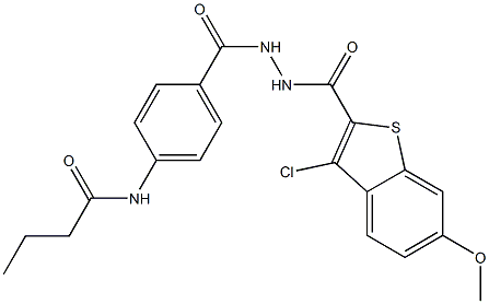 N-[4-({2-[(3-chloro-6-methoxy-1-benzothiophen-2-yl)carbonyl]hydrazino}carbonyl)phenyl]butanamide Struktur