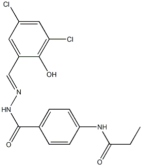 N-[4-({2-[(E)-(3,5-dichloro-2-hydroxyphenyl)methylidene]hydrazino}carbonyl)phenyl]propanamide Struktur