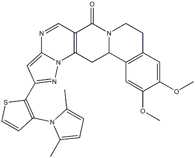 2-[3-(2,5-dimethyl-1H-pyrrol-1-yl)-2-thienyl]-11,12-dimethoxy-8,9,13b,14-tetrahydro-6H-pyrazolo[5'',1'':2',3']pyrimido[4',5':4,5]pyrido[2,1-a]isoquinolin-6-one Struktur