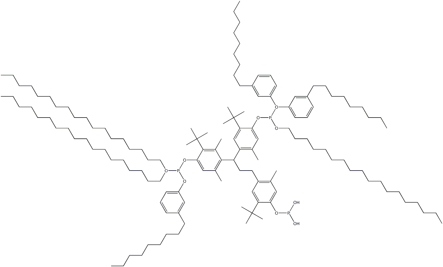 [3-Methyl-1,1,3-propanetriyltris(2-tert-butyl-5-methyl-4,1-phenyleneoxy)]tris(phosphonous acid)O,O',O'-Trioctadecyl O,O'',O''-tris(3-nonylphenyl) ester Struktur